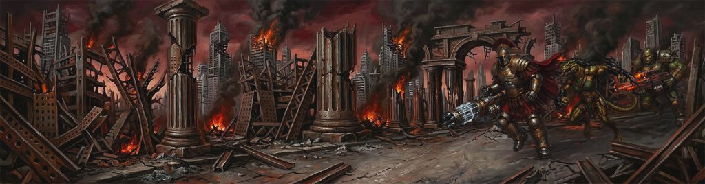 Ruinen eines imperialen Torbogens, dahinter brennende Türme und ein gepanzerter Legionär mit schwerer Waffe