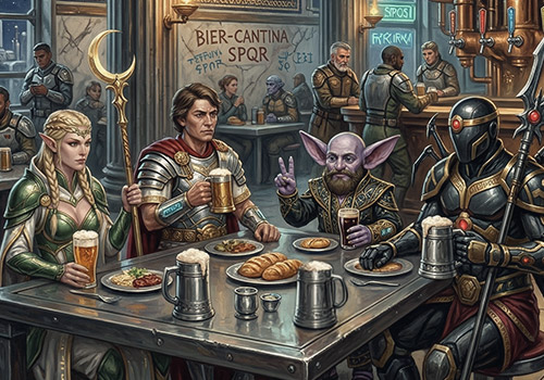 Zu Echoes of Entropy: Ein gemischter Trupp verschiedener Völker sitzt in einer Cantina beisammen